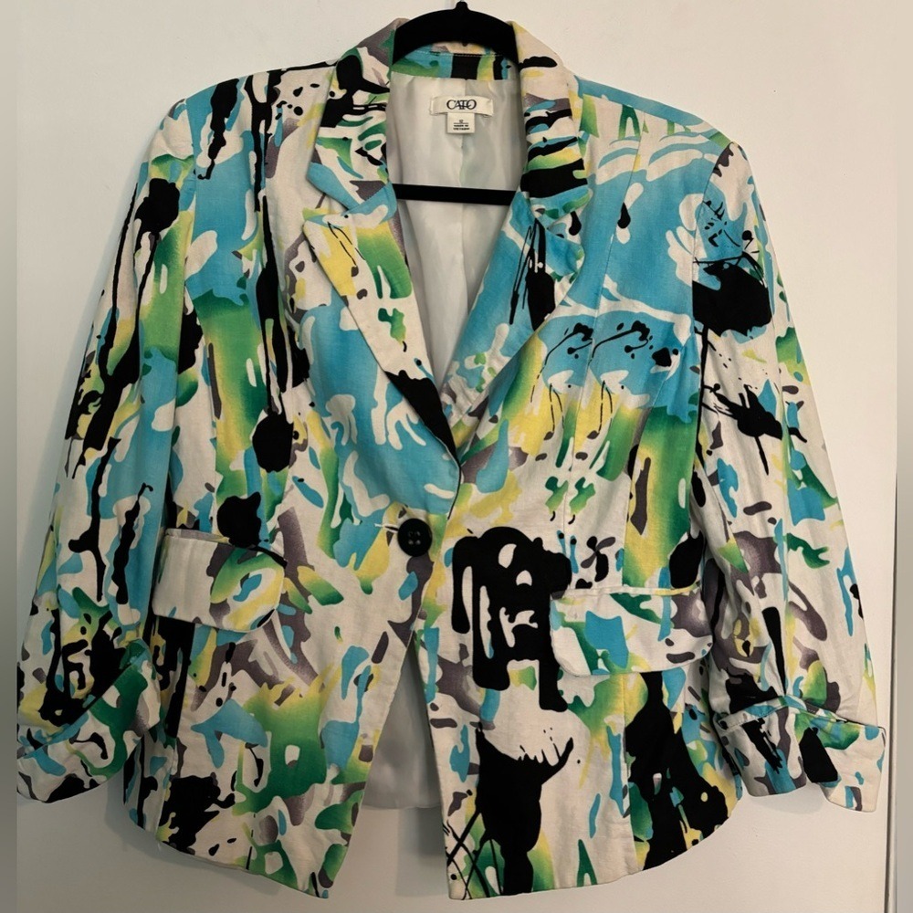 Vintage Cato Womens Linen Blend Abstract Pattern Blazer Sz 12 80s Office‎ Casual